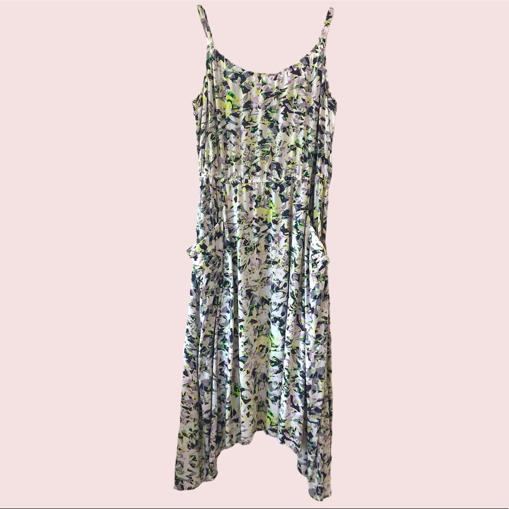 Cabi Margherita Floral Print Strappy Midi Dress Grey Purple Green Watercolor